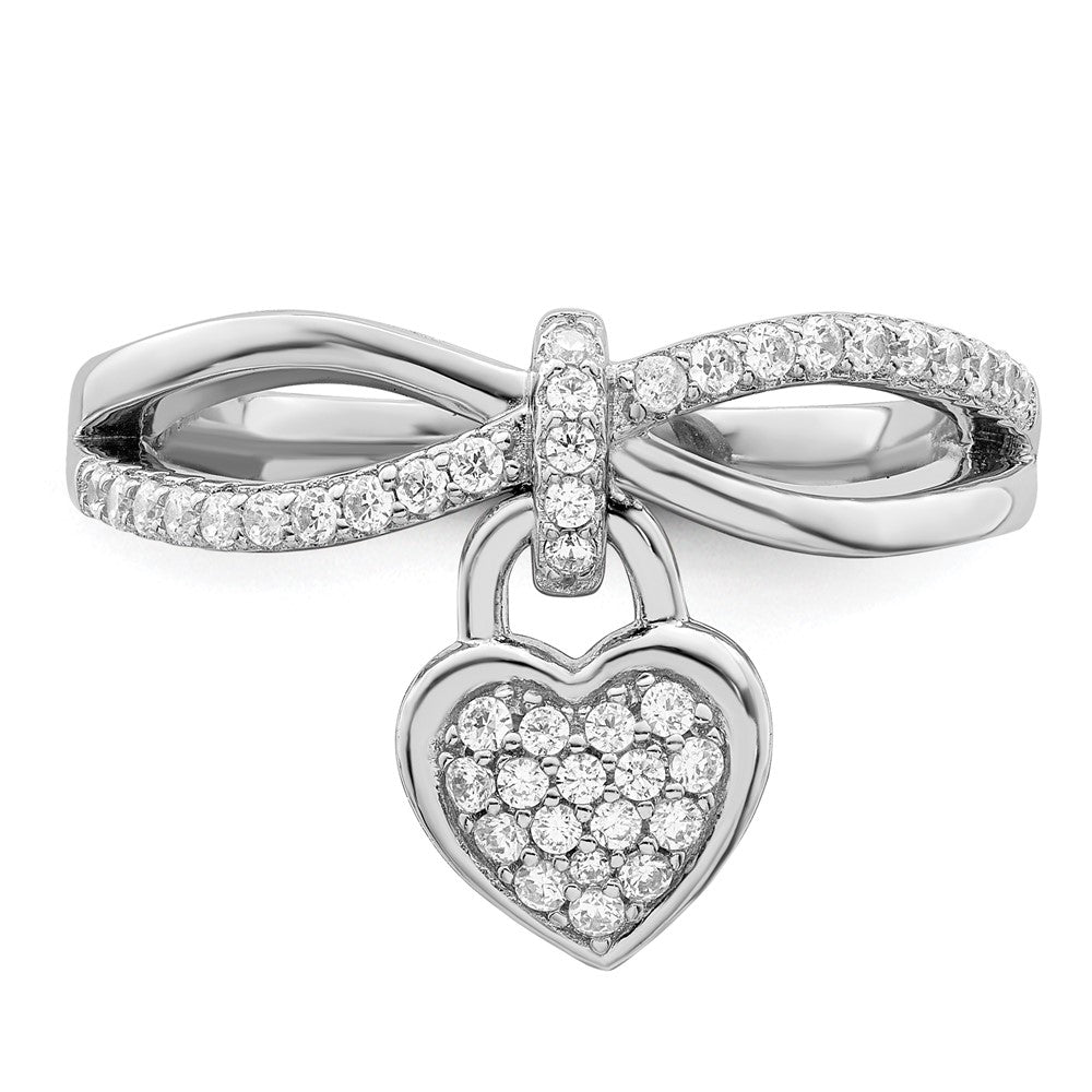 Sterling Silver Rhodium Plated Cz Heart Dangle Ring