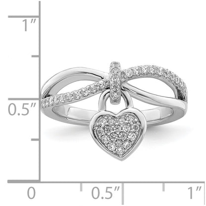 Sterling Silver Rhodium Plated Cz Heart Dangle Ring