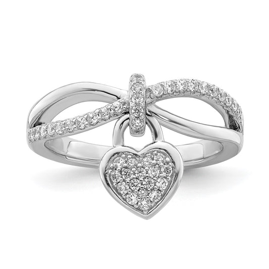 Sterling Silver Rhodium Plated Cz Heart Dangle Ring
