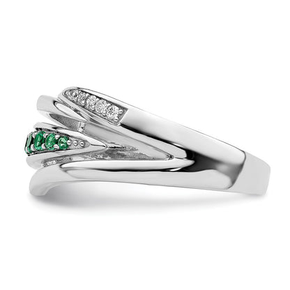 Sterling Silver Rhodium Plated Green & White Cz Ring