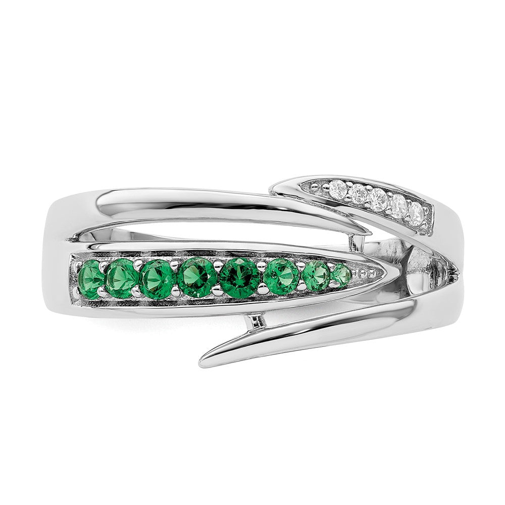 Sterling Silver Rhodium Plated Green & White Cz Ring