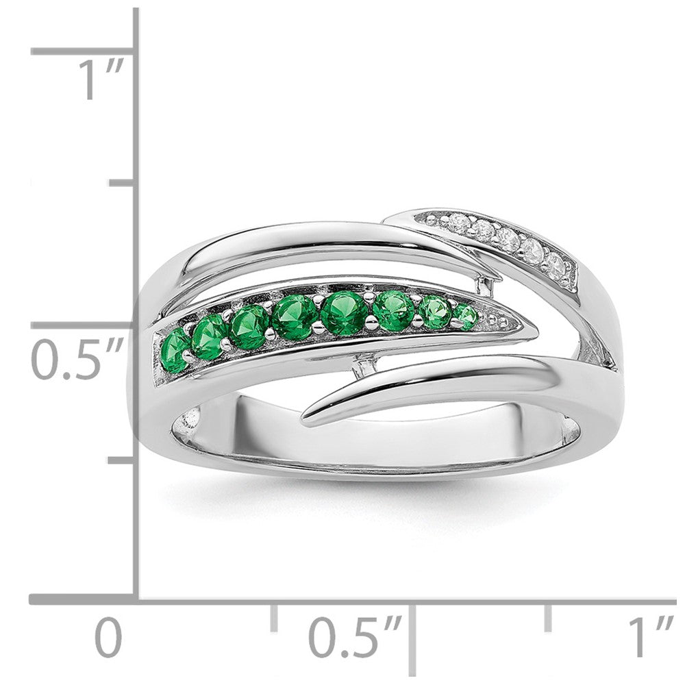Sterling Silver Rhodium Plated Green & White Cz Ring