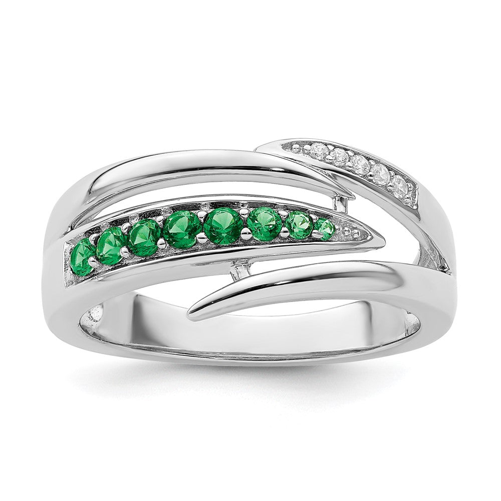 Sterling Silver Rhodium Plated Green & White Cz Ring