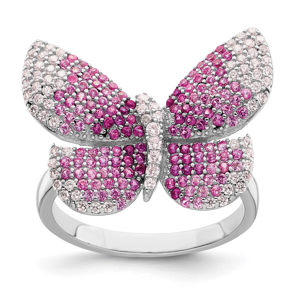 Sterling Silver Rhodium Plated Polished Pink Cz Butterfly Ring