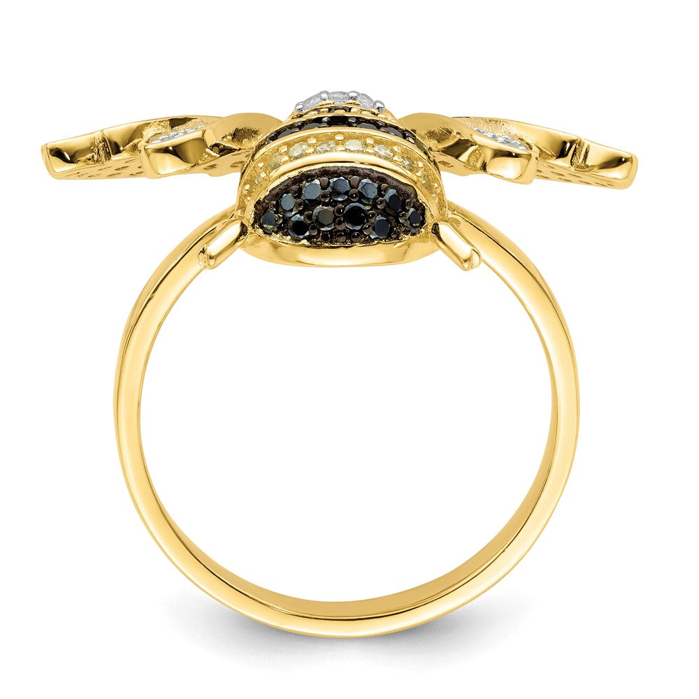 Sterling Silver Blk/White Rh Plated Gold Tone Cz Bumblebee Ring