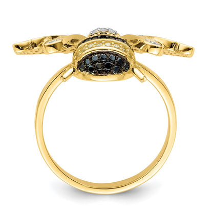 Sterling Silver Blk/White Rh Plated Gold Tone Cz Bumblebee Ring