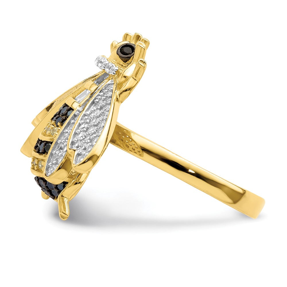 Sterling Silver Blk/White Rh Plated Gold Tone Cz Bumblebee Ring