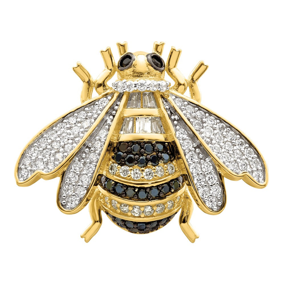 Sterling Silver Blk/White Rh Plated Gold Tone Cz Bumblebee Ring