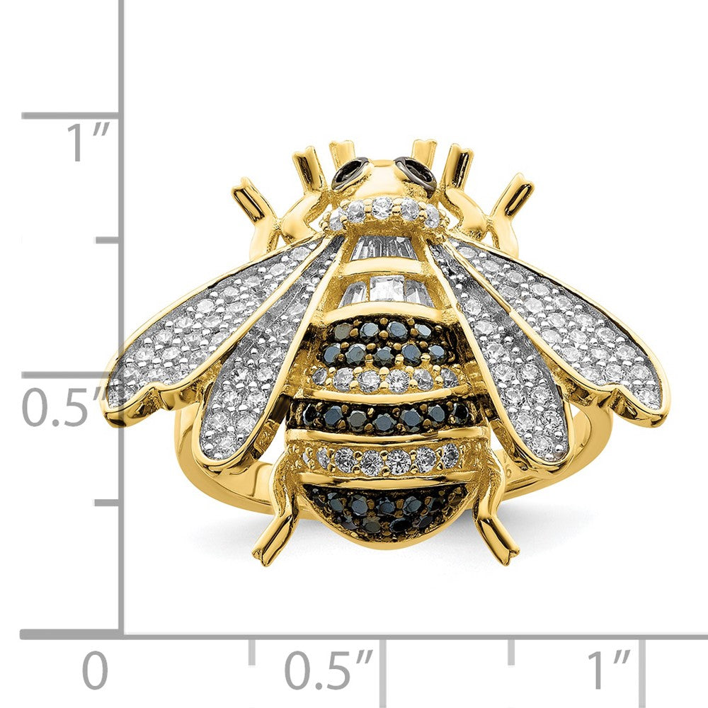 Sterling Silver Blk/White Rh Plated Gold Tone Cz Bumblebee Ring