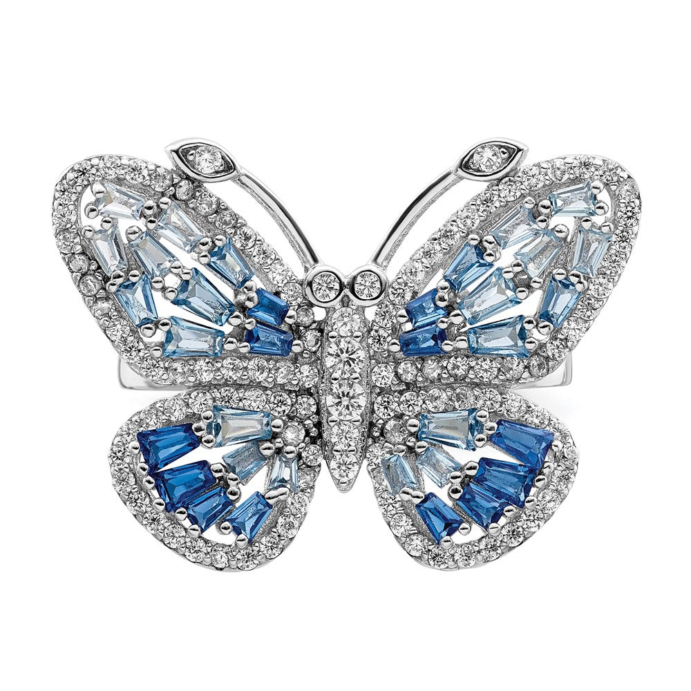 Sterling Silver Rhodium Plated Polished Blue & White Cz Butterfly Ring