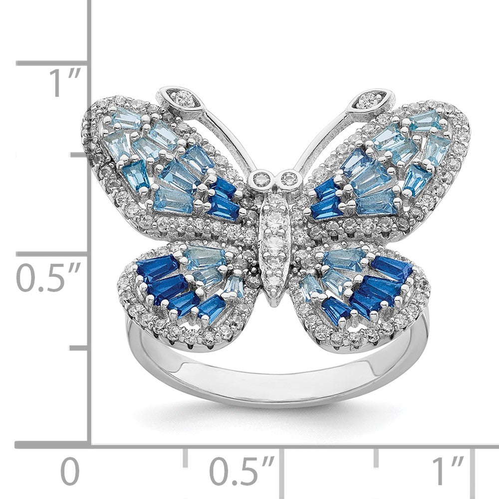 Sterling Silver Rhodium Plated Polished Blue & White Cz Butterfly Ring