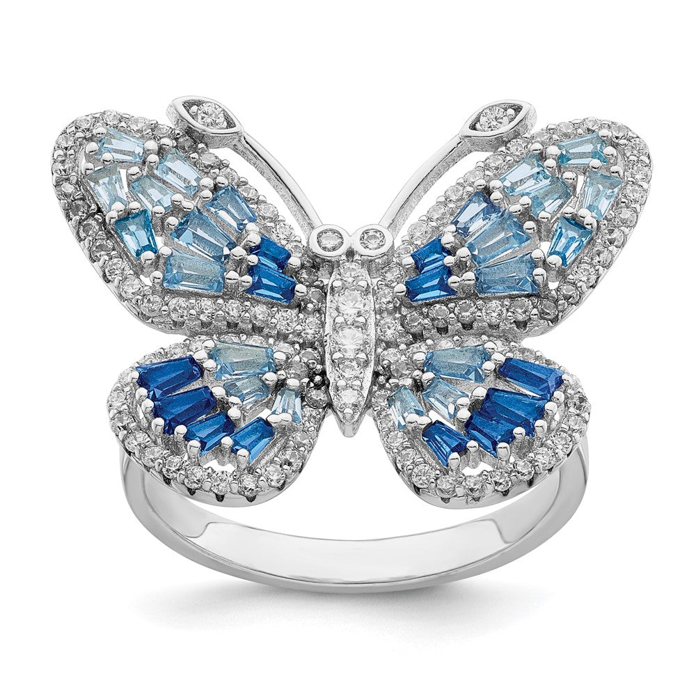 Sterling Silver Rhodium Plated Polished Blue & White Cz Butterfly Ring