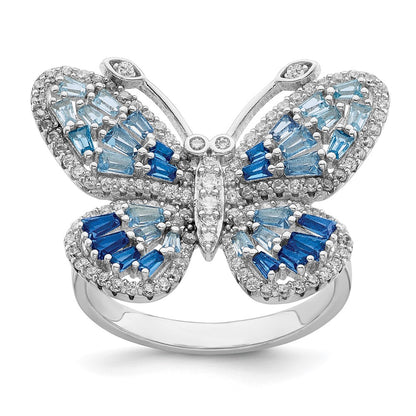 Sterling Silver Rhodium Plated Polished Blue & White Cz Butterfly Ring