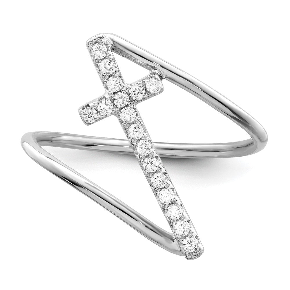 Sterling Silver Rhodium Plated Polished Cz Cross Ring
