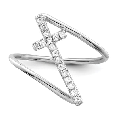 Sterling Silver Rhodium Plated Polished Cz Cross Ring