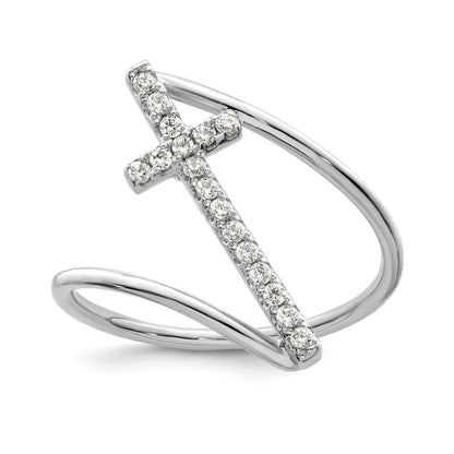 Sterling Silver Rhodium Plated Polished Cz Cross Ring
