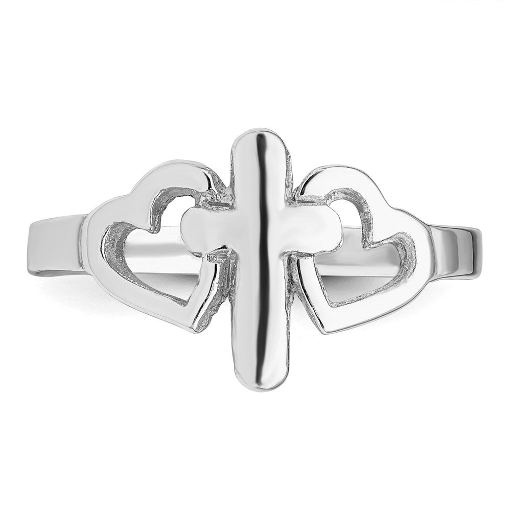 Sterling Silver Rhodium Plated Hearts & Cross Ring
