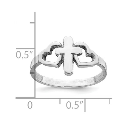 Sterling Silver Rhodium Plated Hearts & Cross Ring