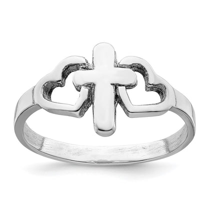 Sterling Silver Rhodium Plated Hearts & Cross Ring