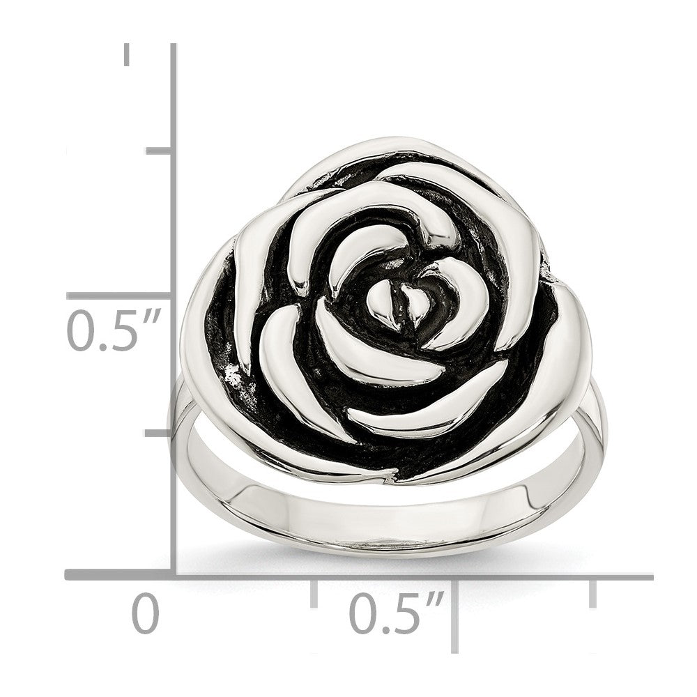Sterling Silver Polished Antiqued Rose Ring
