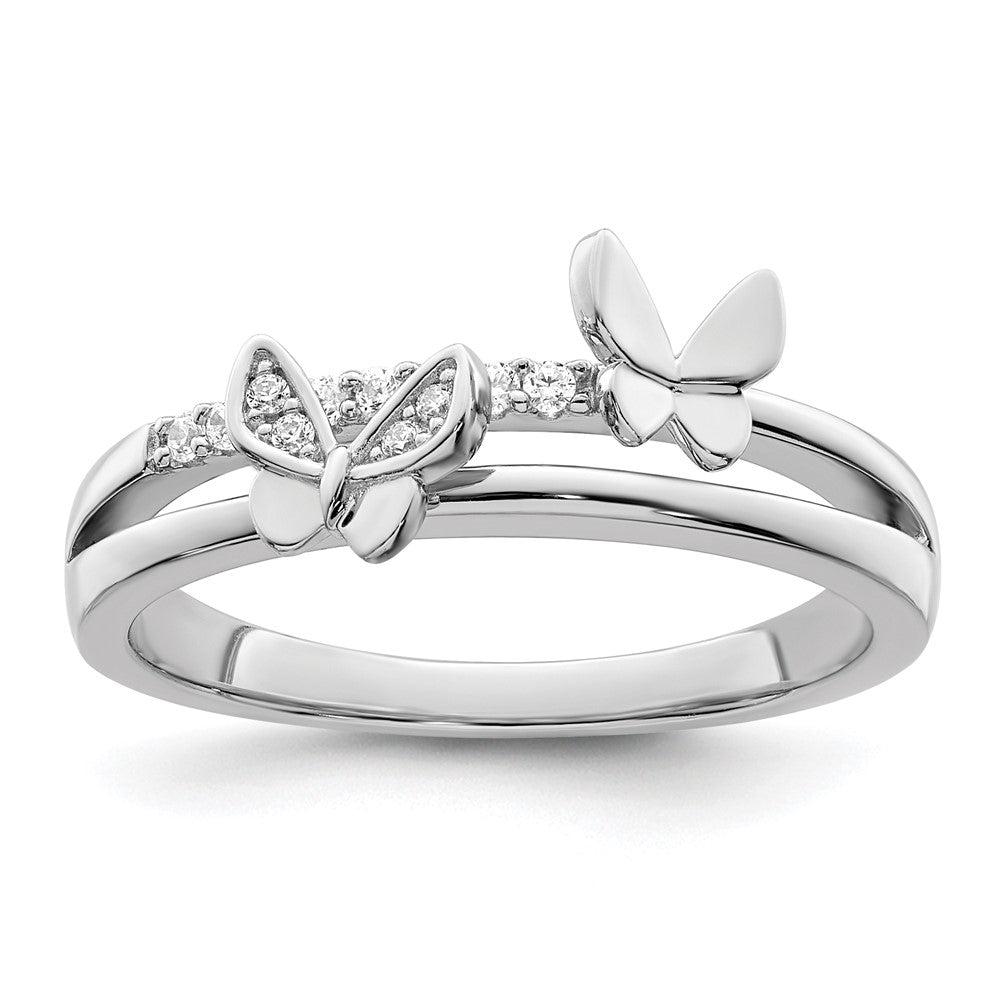 Sterling Silver Rhodium Plated Cz Butterflies Ring