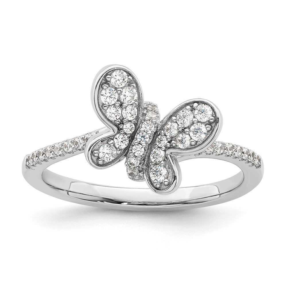 Sterling Silver Rhodium Plated Cz Butterfly Ring