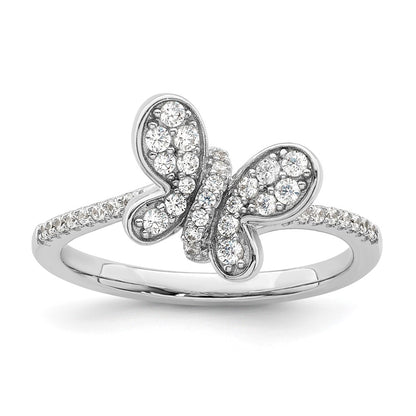 Sterling Silver Rhodium Plated Cz Butterfly Ring