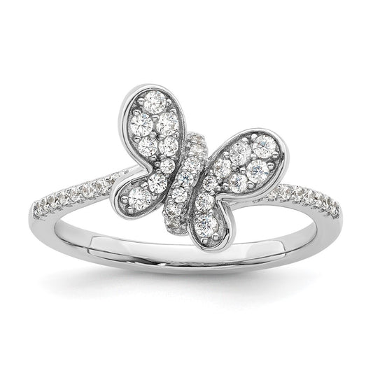 Sterling Silver Rhodium Plated Cz Butterfly Ring