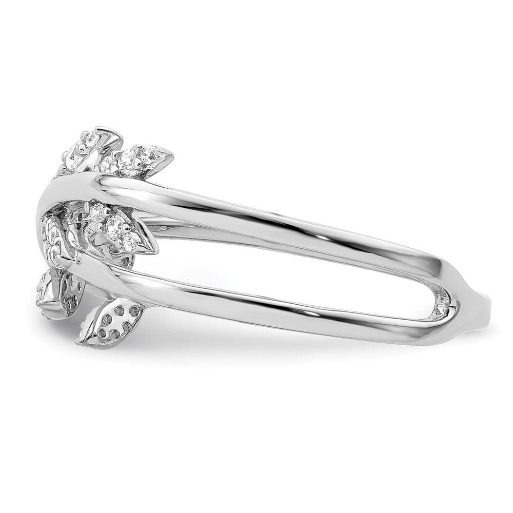 Sterling Silver Rhodium Plated Cz Leaves Ring
