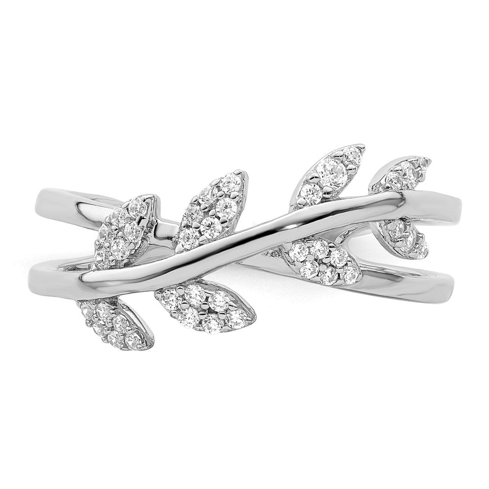 Sterling Silver Rhodium Plated Cz Leaves Ring
