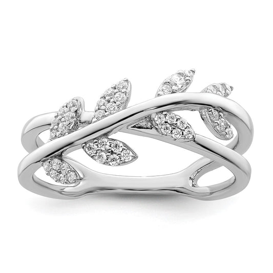 Sterling Silver Rhodium Plated Cz Leaves Ring