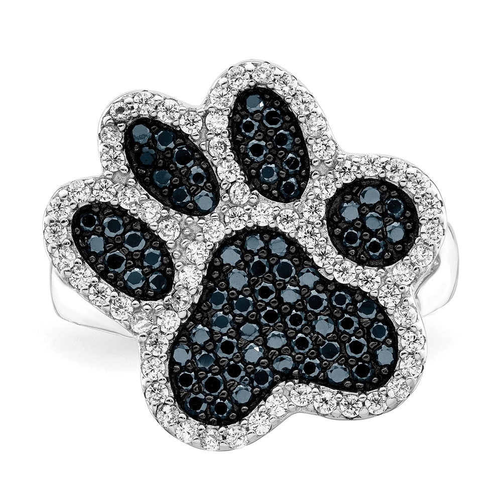 Sterling Silver Rhodium Plated Polished Cz Paw Print Ring