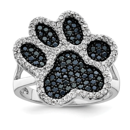 Sterling Silver Rhodium Plated Polished Cz Paw Print Ring