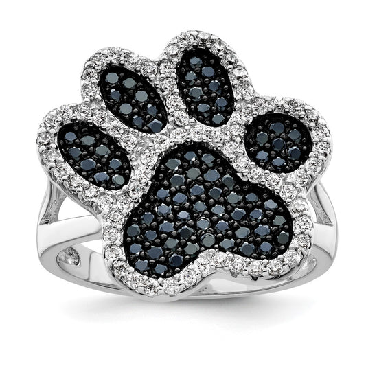 Sterling Silver Rhodium Plated Polished Cz Paw Print Ring