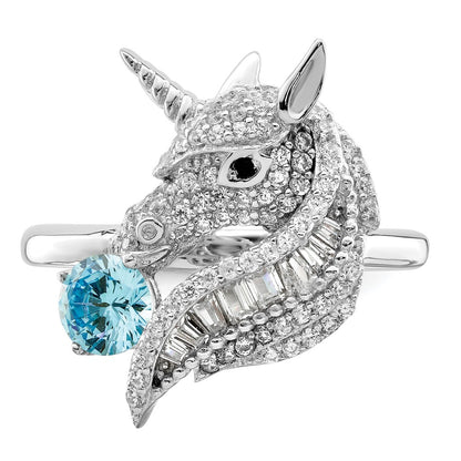 Sterling Silver Rhodium Plated Polished Cz Unicorn Ring