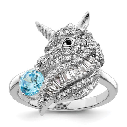 Sterling Silver Rhodium Plated Polished Cz Unicorn Ring