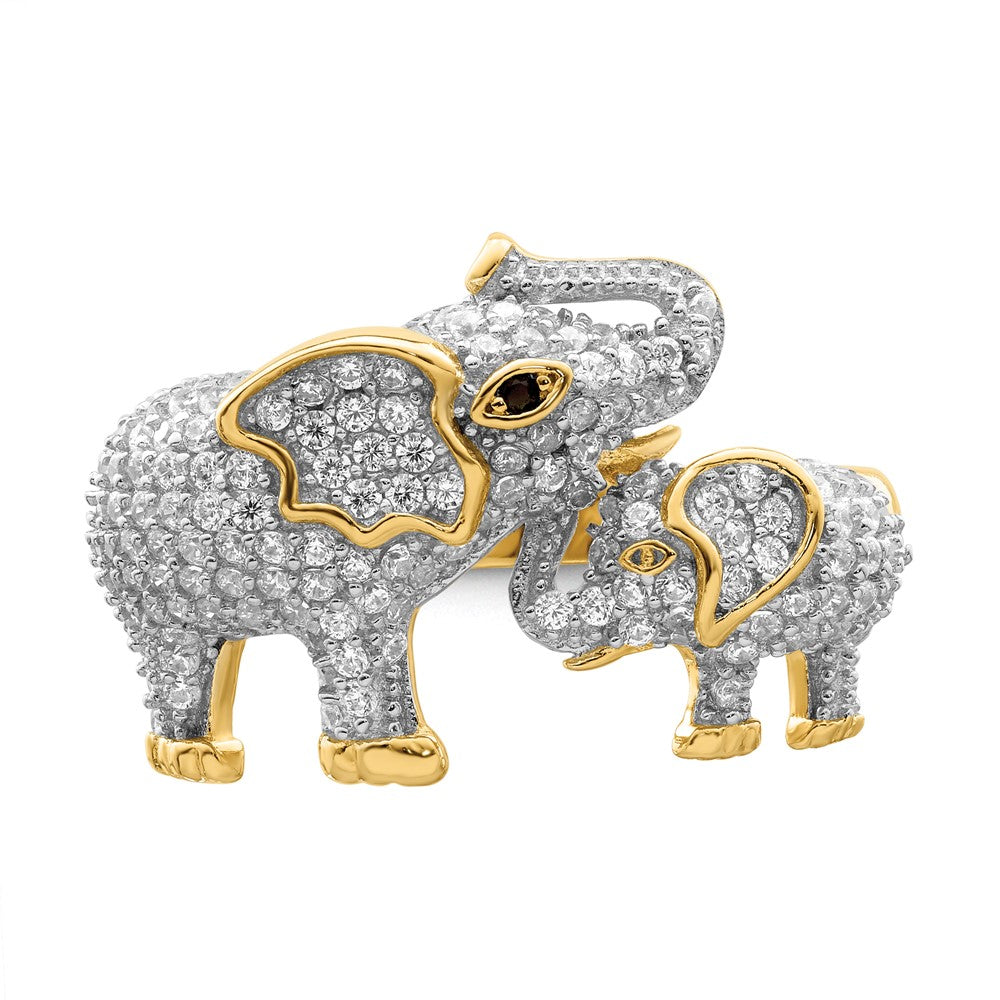 Sterling Silver Rhodium Plated Gold Tone Mom & Baby Cz Elephants Ring