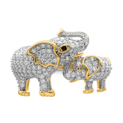 Sterling Silver Rhodium Plated Gold Tone Mom & Baby Cz Elephants Ring