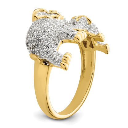 Sterling Silver Rhodium Plated Gold Tone Mom & Baby Cz Elephants Ring
