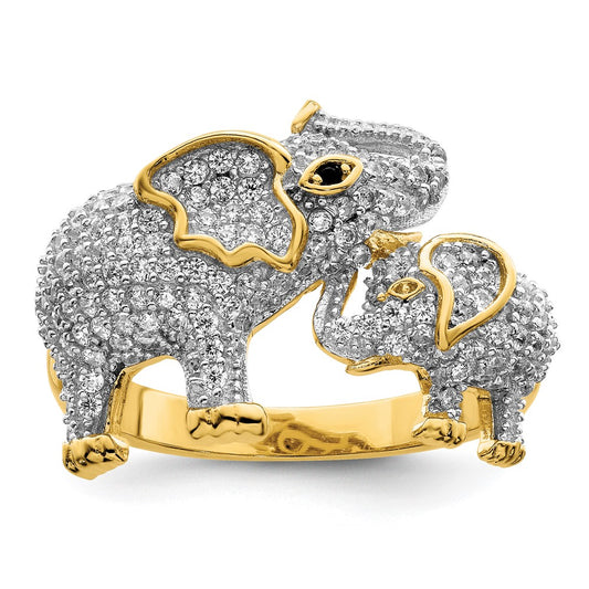 Sterling Silver Rhodium Plated Gold Tone Mom & Baby Cz Elephants Ring