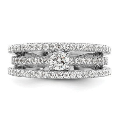 Sterling Silver Rhodium Plated Cz 3 Row Ring