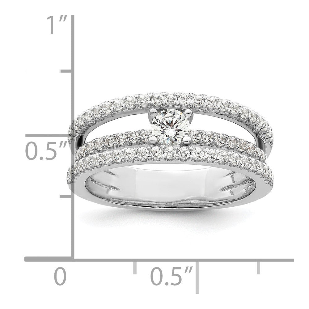 Sterling Silver Rhodium Plated Cz 3 Row Ring