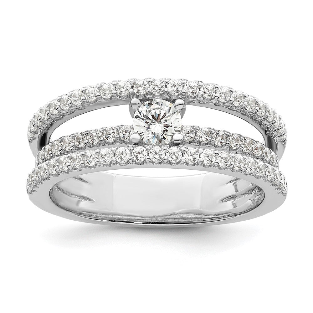 Sterling Silver Rhodium Plated Cz 3 Row Ring