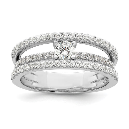 Sterling Silver Rhodium Plated Cz 3 Row Ring