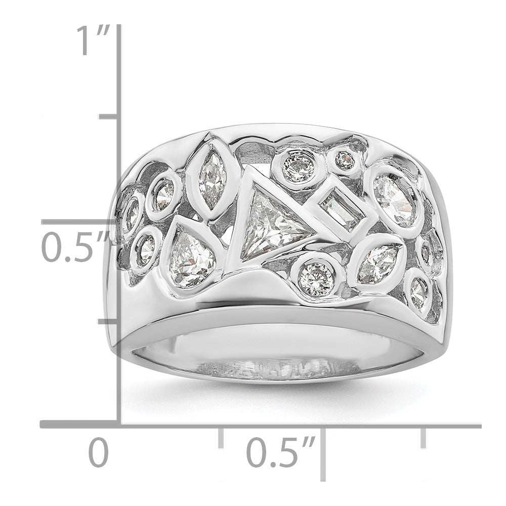 Sterling Silver Rhodium Plated Multi Shaped Cz Ring