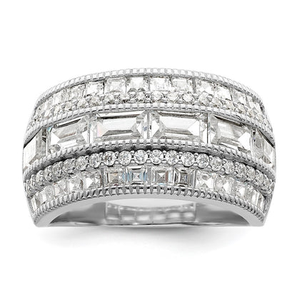 Sterling Silver Polished Rhodium Plated Cz Ring