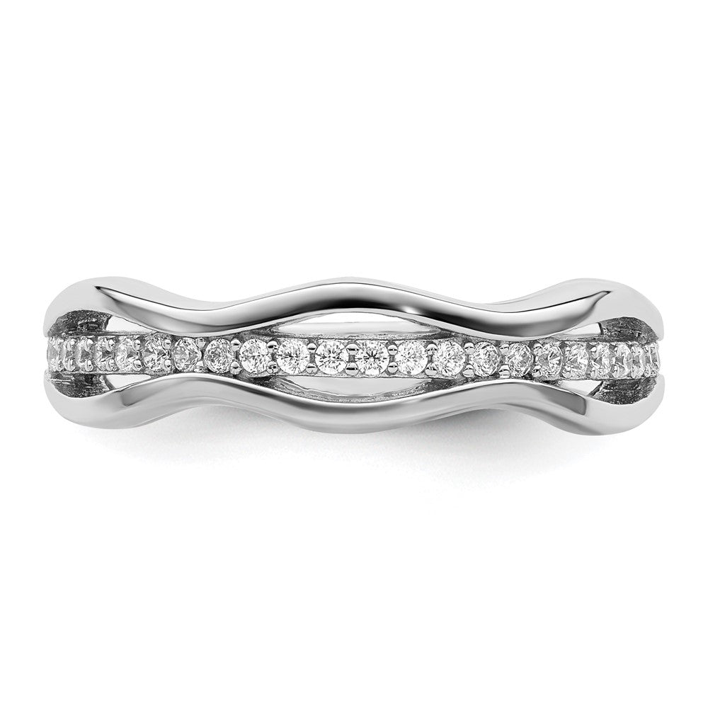 Sterling Silver Rhodium Plated Cz Wavy Ring