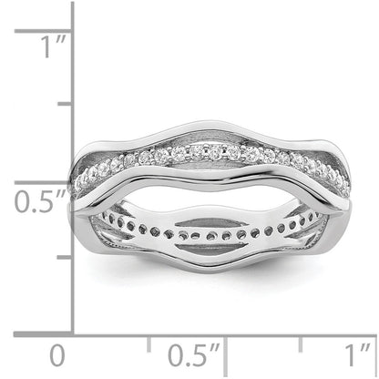 Sterling Silver Rhodium Plated Cz Wavy Ring