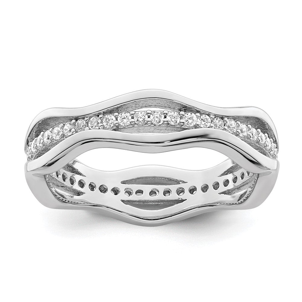 Sterling Silver Rhodium Plated Cz Wavy Ring