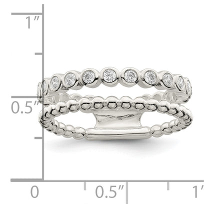 Sterling Silver Polished Cz Beaded Double Fancy Ring